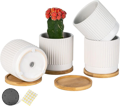AOMRYOM 4.25 Inch Small Ceramic Plant Pots with Drainage Holes and Trays, Garden Flower Pots for Indoor Outdoor Plants, Succulents, Cactus and Herbs, White Stripe, Set of 4 (Plant Not Included)