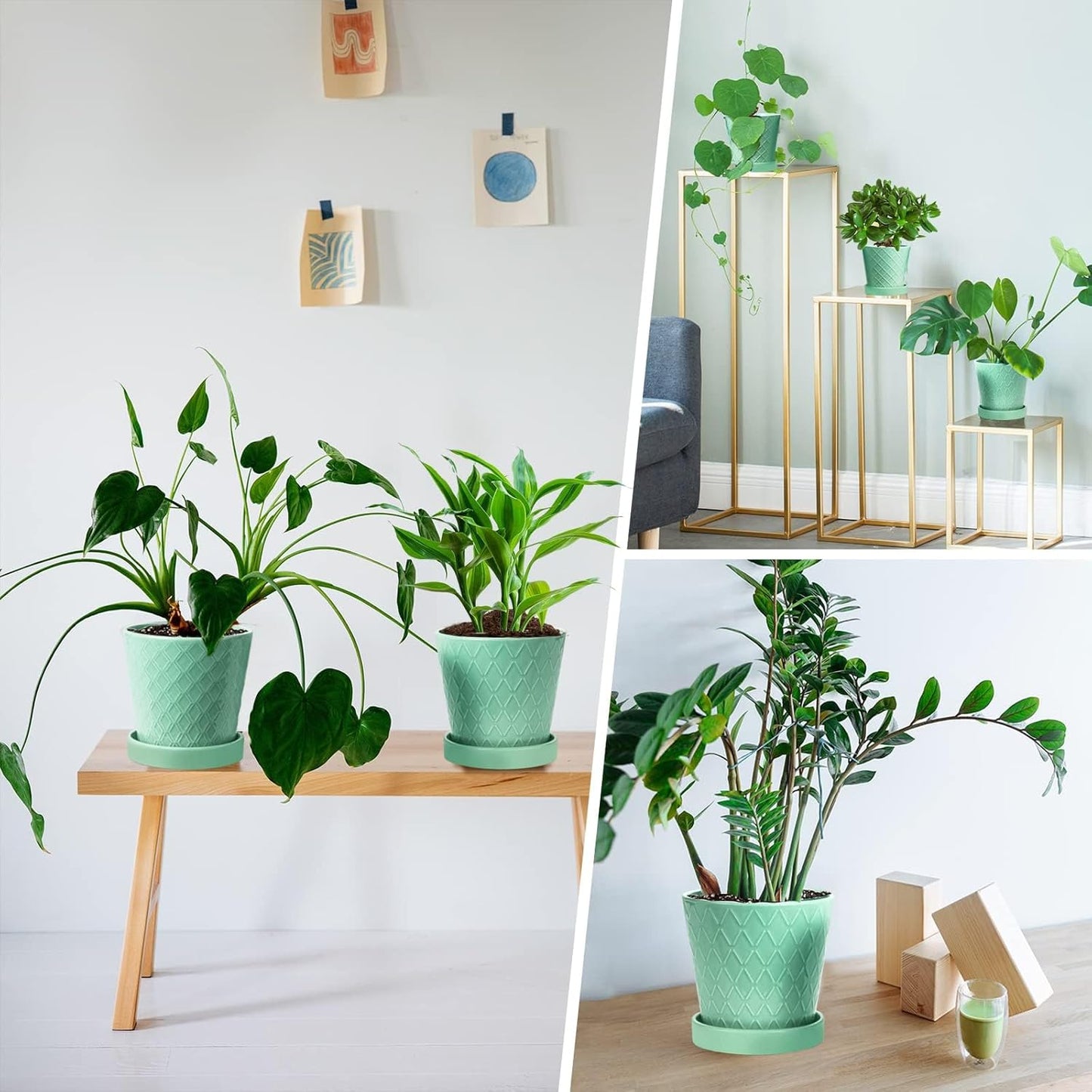 EFISPSS Ceramic Plant Pots –4”+5”+6” inch Set of 3, Planters with with Drainage Holes and Ceramic Tray, Indoor Flower Pot Gardening Home Desktop Office Windowsill Decoration Gift(Mint Green)