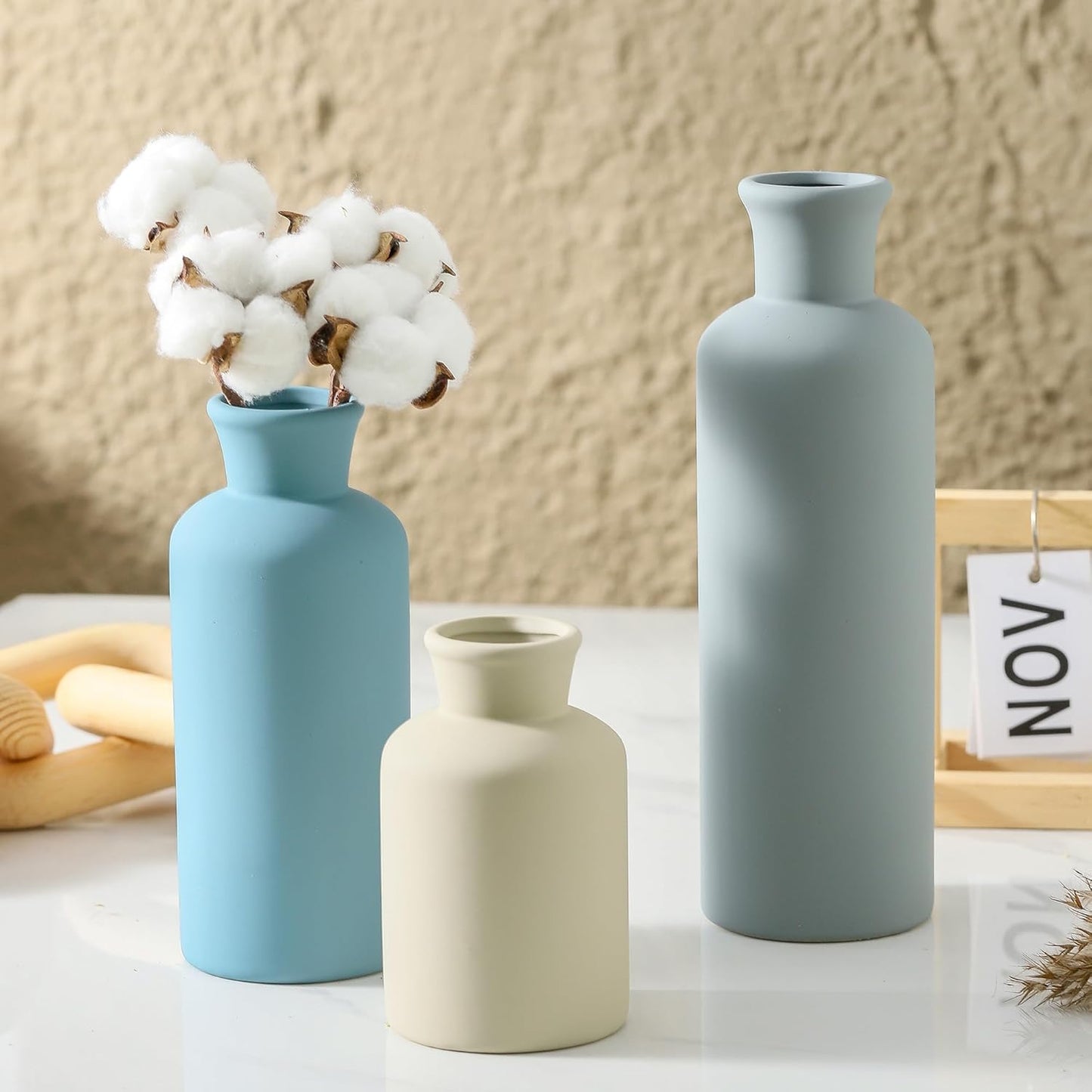 Ceramic Vase Set of 3, Neutral Modern Vases Home Decor Boho Vase Farmhouse Decor Flowers Pampas Vases for Table Mantel Entryway Shelf Living Room Kitchen Bathroom - Blue