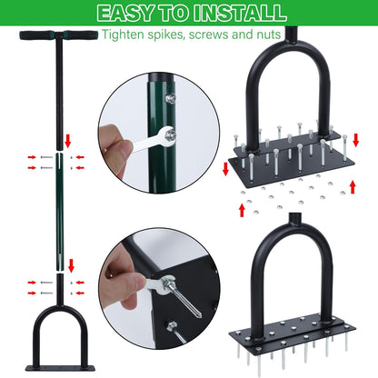 YOFIT 3-in-1 Lawn Aerator Tool with Spikes, Manual Core Yard Aerator, Grass Plug Air Aerators with Soil Tray, Metal Aeration Tools with Changeable Head for Lawn Care, Garden Maintenance (38.2 Inch)