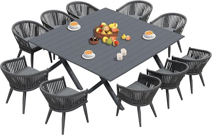 PURPLE LEAF 12 Pieces Outdoor Dining Set with Patio Aluminium Dining Table and Wicker Chairs Modern Furniture Cushions Sets for Backyard Indoor Decor Kitchen Gray