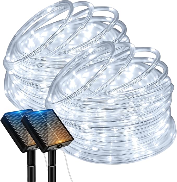 btfarm 2 Pack Solar Rope Lights Outdoor, 120LED 46FT Solar String Lights Outside Waterproof, 8 Lighting Modes Tree Tube Fairy Light Solar Powered for Garden Christmas Yard Party Decoration, Cool White