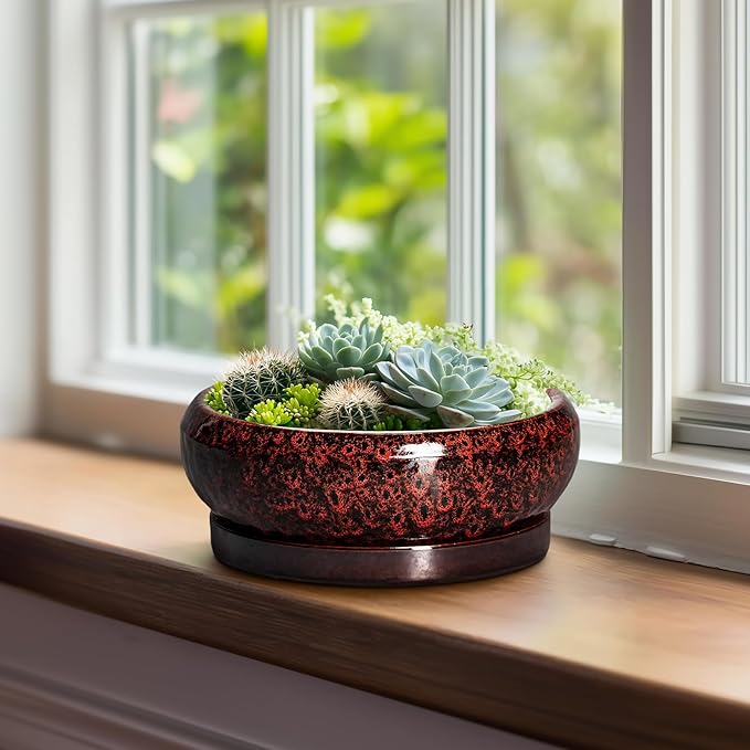 Bonsai Pots - 8 Inch Ceramic Succulent Planters for Indoor Outdoor, Round Shallow Planters with Drainage Hole and Saucer, Succulent Planter Bowl, Home Decor, Housewarming Gifts, Red