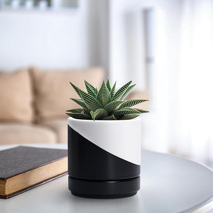 D'vine Dev 4.7 Inch Ceramic Planter Pot with Drainage Hole and Saucer, Indoor Cylinder Round Planter Pot, Oblique Monochrome Black and White, 94-O-B-K