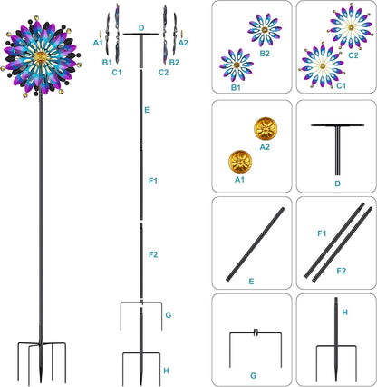 Metal Wind Spinner Outdoor - 63 inch Large Double Kinetic Art Garden Wind Sculpture & Spinners 360° Dual Direction Swivel Waterproof Windmill for Yard Patio Lawn Decoration
