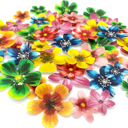 Edible 48Pcs Hawaii Flowers Wedding Cake&Cupcake Topper Luau Themed Party Birthday Cake Decoration