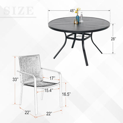 7-Piece Outdoor Dining Set, 48'' Round Table with 6 Stackable Chairs All Weather Furniture Set - Black