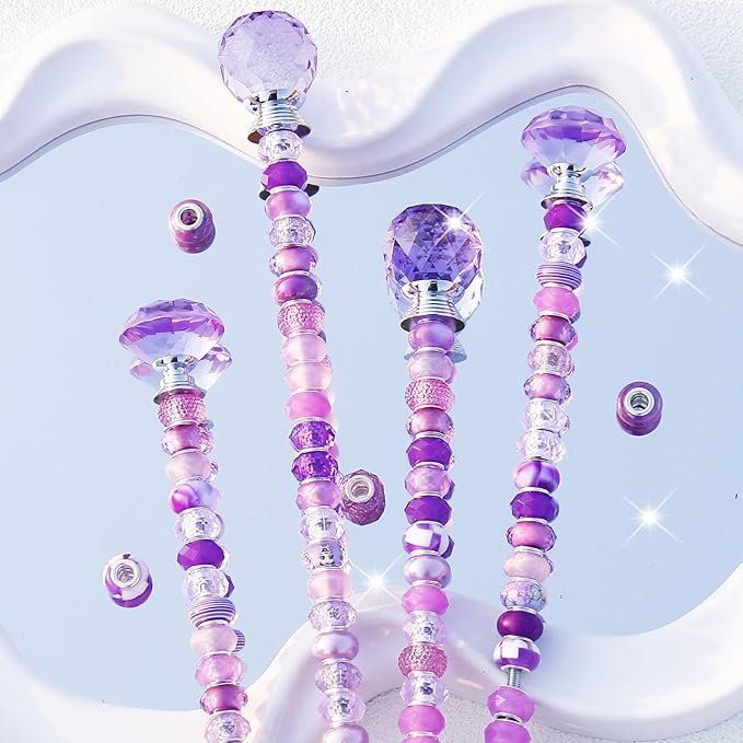 119 Pcs Garden Stake DIY Fairy Wand Plant Stake with Purple Large Hole Beads Crystal Diamond Stopper Top 4 Stainless Steel Threaded Rod Beaded Garden Stakes for Outdoor Indoor Yard Patio Decorations