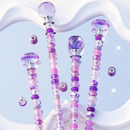119 Pcs Garden Stake DIY Fairy Wand Plant Stake with Purple Large Hole Beads Crystal Diamond Stopper Top 4 Stainless Steel Threaded Rod Beaded Garden Stakes for Outdoor Indoor Yard Patio Decorations