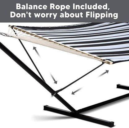 SUNCREAT Two Person Hammock with 12ft Stand Included, Max 475lbs Capacity, Heavy Duty Free Standing Hammock, Black Stripes