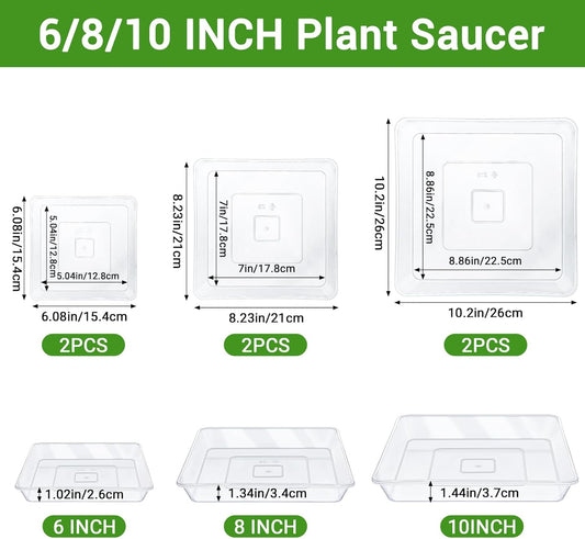 GREANER 6 Packs Square Clear Plant Saucer 6 8 10 Inch, Plastic Flower Plant Pot Saucer, Plant Watering Tray for Planter Pots, Flower Plant Drip Trays for Indoor & Outdoor Plants