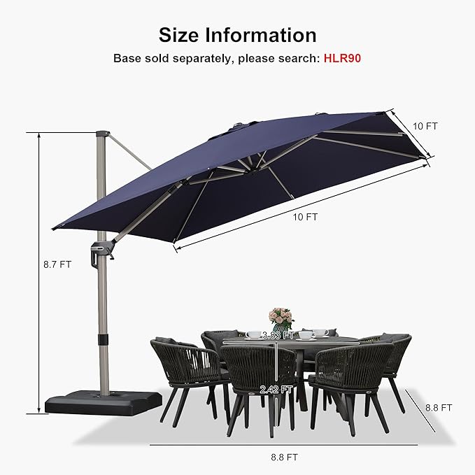 PURPLE LEAF 10' X 10' Patio Umbrella Outdoor Cantilever Umbrella, Aluminum Offset Umbrella with Champagne Frame and 360° Rotation for Pool Deck Garden, Navy Blue