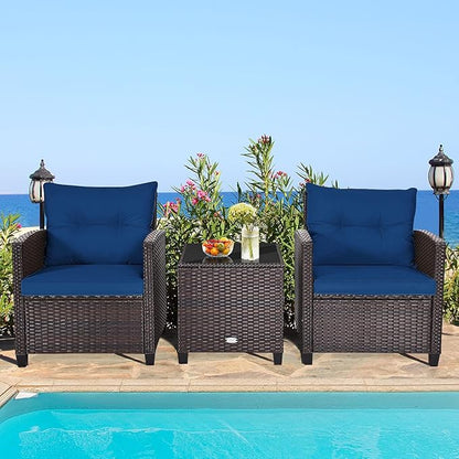 RELAX4LIFE 3 Piece Patio Furniture Set, Wicker Bistro Conversation Set w/ 2 Cushioned Armchairs & Glass Topped Table, Outdoor Rattan Sofa Set Patio Furniture for Porch Balcony Poolside (Navy Blue)