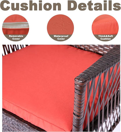 DECMICO Outdoor Rattan Wicker Rocking Chair 3 Pieces Patio Conversation Furniture Bistro Sets with Side Table and Cushions for Porch Garden and Balcony