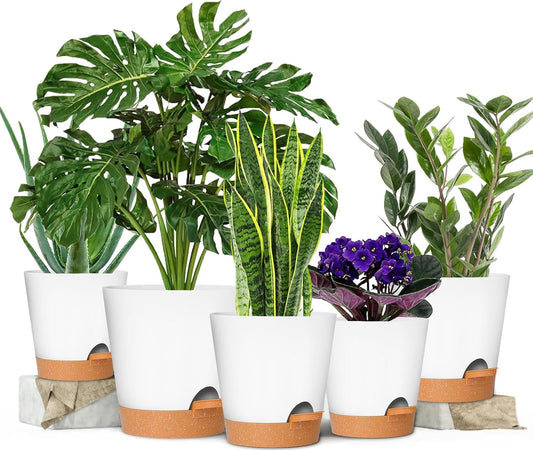 GARDIFE Plant Pots 7/6.5/6/5.5/5 Inch Self Watering Planters with Drainage Hole, Plastic Flower Pots, Nursery Planting Pot for All House Plants, African Violet, Flowers, and Cactus,White