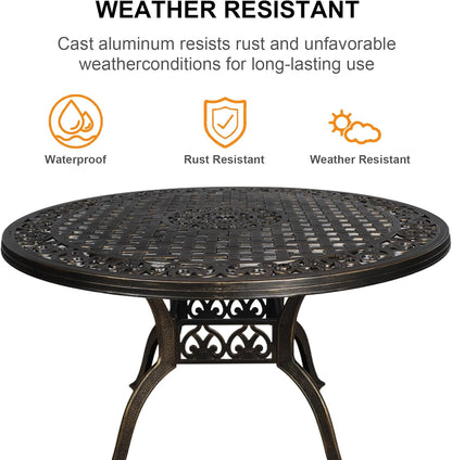 48 Inch Outdoor Dining Table Round Patio Table Powder-Coated Cast Aluminum Frame for Garden with Umbrella Hole (Bronze)