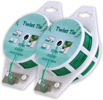 (2 Reels) Garden Wire, Twist Ties Heavy Duty with Cutter 328 Ft Multi-Function Green Coated Tape to Support Plant Tie Up Bags for Home Office (328 Feet / 100 m)