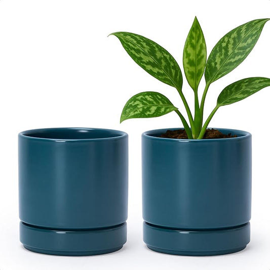 D'vine Dev Set of 2 Plants Pots, 4.7 Inch Ceramic Planter Pot for Plants with Drainage Hole and Saucer, Teal, 94-V-B-9