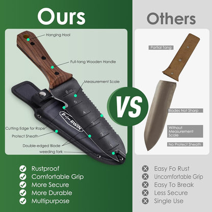 Hori Hori Garden Knife, Garden Tools with Sheath for Weeding,Planting,Digging, 7" Stainless Steel Blade with Cutting Edge, Full-Tang walnut Wood Handle with Hanging Hole