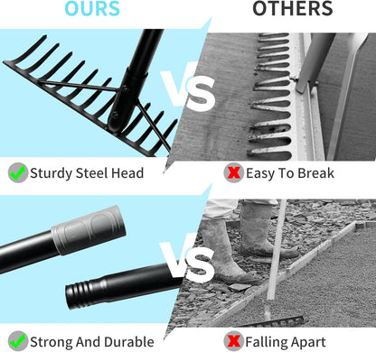 Heavy Duty Bow Rake with Stainless Steel Handle for Farming Land Management Leaf Gathering Durable Ergonomic Garden Tool with 16 Tine Head 63 Inch Assemble Long Shaft Suitable for Large Areas