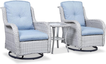 Outdoor Patio Swivel Rocker Chairs - 3 Piece Patio Bistro Set,Wicker Patio Furniture Set with 2 Swivel Rocking Chairs and 1 Glass Top Side Table for Deck Porch Garden,Light Grey/SkyBlue