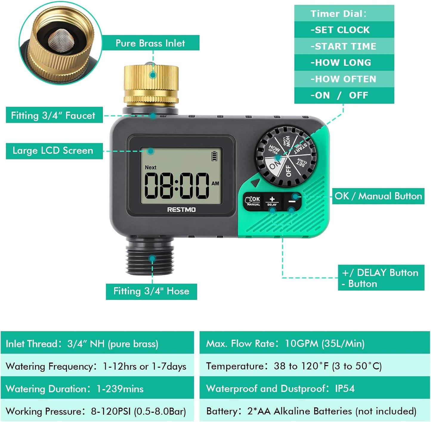 RESTMO Sprinkler Timer with Brass Inlet, Water Timer for Garden Hose, Rain Delay/Manual/Automatic for Outdoor Faucet, Drip Irrigation and Lawn Watering System
