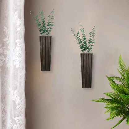 2Pack Brown Wood Wall Planter for Indoor +2Pack Green Plants,Modern Wooden Hanging Planter for Dried Flowers and Plants,Abstract Vase Farmhouse Wood Wall Decor (Brown)