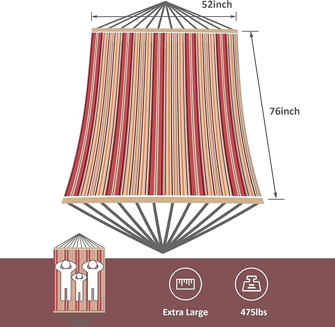 SUNCREAT Rope Hammocks for Outside with Polyester Pad and Stand, Extra Large Double Hammock with Wooden Stand, Red Strips