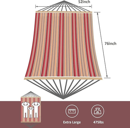 SUNCREAT Rope Hammocks for Outside with Polyester Pad and Stand, Extra Large Double Hammock with Wooden Stand, Red Strips