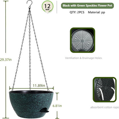 12 Inch Hanging Baskets 2 PC with Chains, Self-Watering Hanging Planters for Indoor Outdoor Plants, Plastic Hanging Flower Pots, Black with Green Speckles