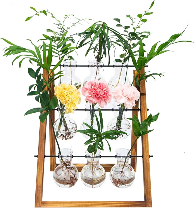 Plant Propagation Station Traveler's Glass Tabletop Planter with Vintage Wooden Stand 3 Bulb Vase for Hydroponic Plants Indoor Office Desktop Home Decor, Plant Stand (9 Bulbs)