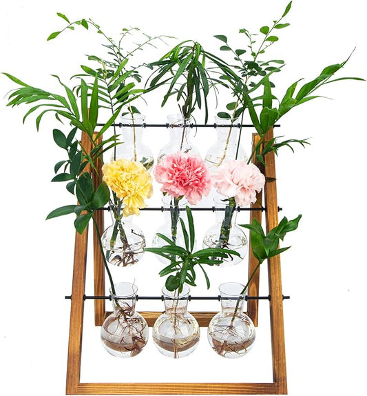Plant Propagation Station Traveler's Glass Tabletop Planter with Vintage Wooden Stand 3 Bulb Vase for Hydroponic Plants Indoor Office Desktop Home Decor, Plant Stand (9 Bulbs)