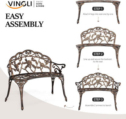 VINGLI 38.5" Patio Park Garden Outdoor Metal Rose Bench,Cast Iron Cast Aluminium Frame Antique Finish Chair,Accented Lawn Front Porch Path Yard Decor Deck Furniture for 2 Person Seat（Bronze