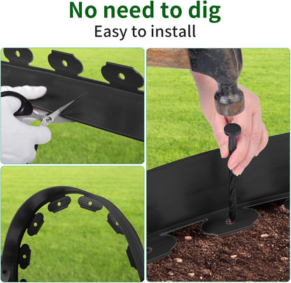 4 in x 164 Ft Garden Landscape Edging, No Dig Garden Edging Border Kit with 300 Pcs Spikes for Flower Bed Lawn Yard Grass Black
