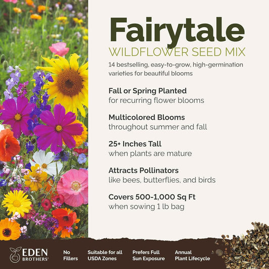 Eden Brothers Fairytale Flower Mixed Seeds for Planting, 1 lb, 480,000+ Seeds with Calendula, Cosmos Dazzler, Cornflower | Attracts Pollinators, Plant in Spring or Fall, Zones 3, 4, 5, 6, 7, 8, 9, 10