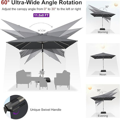PURPLE LEAF 11.5' X 8' Left-right Tilting Patio Umbrella with Base Outdoor Swivel Cantilever Offset Aluminum Umbrella with Champagne Frame and 360-degree Rotation for Garden Deck Pool, Grey