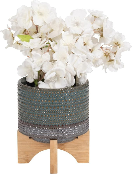 Sagebrook Home Ceramic Planter with Bamboo Wood Stand - Decorative Stoneware Pot for Indoor & Outdoor Plants - Modern Home & Garden Decor - 8" Green