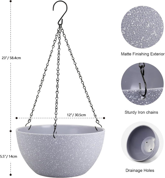 12 inch Large Hanging Planters for Indoor Outdoor Plants, 2 Pack Hanging Flower Pots with Drainage Holes and Chain for Garden Porch, Plastic Hanging Baskets for House Plants, Speckled Grey