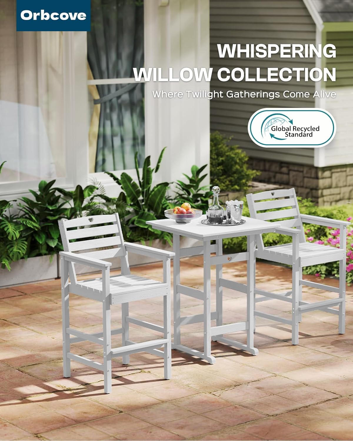 3-Piece HDPE Outdoor Bar, Outdoor Bar Stools and Outdoor Bar Table with Heart Cutout Design, All Weather Bistro Set Outdoor for Patio, Porch, Pool (White)