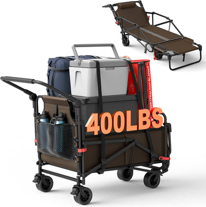LEVELEVE Heavy Duty Folding Wagon - 2-in-1 Collapsible Cart, 400lb Capacity, All-Terrain Wheels w/Brakes & Side Pockets (Brown)