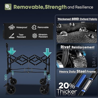 350L Large Capacity Foldable Wagon with Brakes, 560lbs Heavy Duty Collapsible Wagon Cart with Push Handle All-Terrain Big Wheels for Camping, Sports, Shopping, Beach