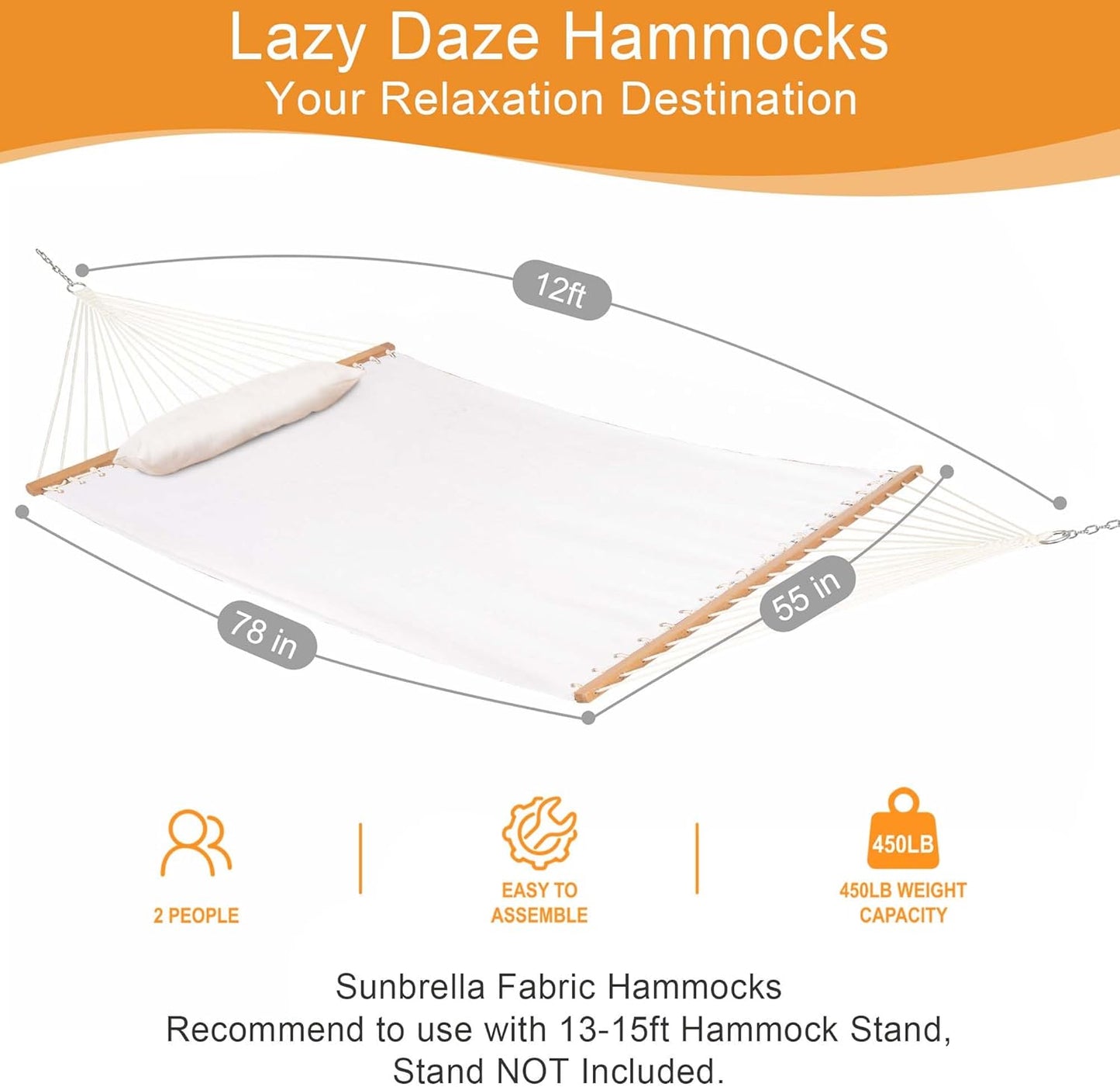 Lazy Daze 12 FT Sunbrella Fabric Hammock not Fading with Spreader Bars and Free Pillow Fits for Two Persons, All Weather and Fade Resistant for Patio Yard, 450 lbs Weight Capacity,Cast Pumice
