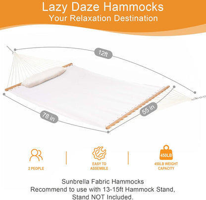 Lazy Daze 12 FT Sunbrella Fabric Hammock not Fading with Spreader Bars and Free Pillow Fits for Two Persons, All Weather and Fade Resistant for Patio Yard, 450 lbs Weight Capacity,Cast Pumice