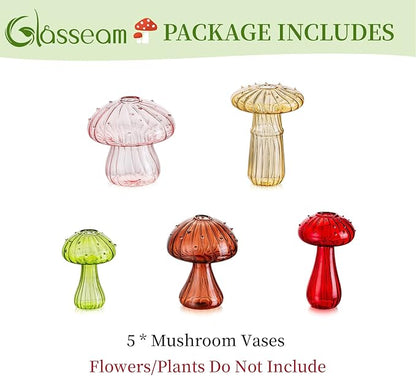 Glasseam Mushroom Glass Planter, Set of 5 Colored Plant Propagation Station, Mini Terrarium for Plants, Unique Small Glass Vase for Flowers, Cute Hydroponic Indoor Planters Gifts for Women Room Decor