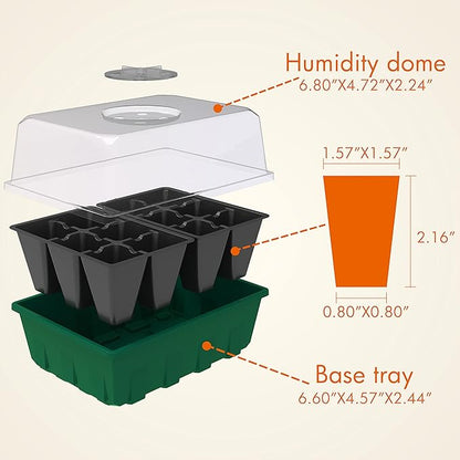 Gardzen 10-Set Garden Propagator Set, Black Seed Tray Kits with 120-Cell, Seed Starter Trays with Dome and Green Base 6.6" x 4.5" (12-Cell Per Tray)