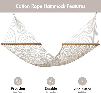 ANOW Rope Hammock Double Hammock with Hardwood Spreader Bar and Carrying Bag, 450 LBS Weight Capacity for Two Person, Natural