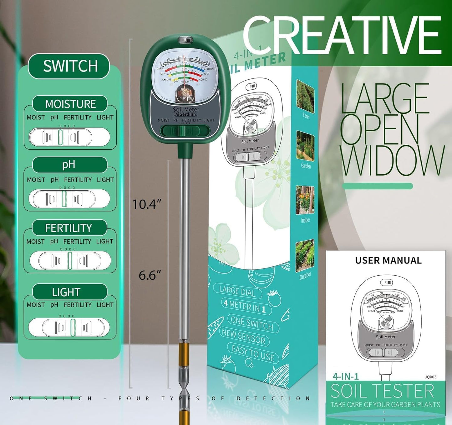 Soil Tester, Soil Moisture Meter/Soil pH Meter/Sun-Light/Fertility for Gardening, Large Dial Soil pH Tester Plant Water Meter for Indoor&Outdoor Garden,Farm Soil Test Kit-GrassGreen