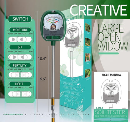 Soil Tester, Soil Moisture Meter/Soil pH Meter/Sun-Light/Fertility for Gardening, Large Dial Soil pH Tester Plant Water Meter for Indoor&Outdoor Garden,Farm Soil Test Kit-GrassGreen