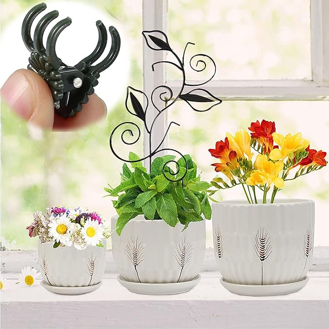 Decorative Metal Plant Trellis for Indoor Potted Plants – Leaf Shape Vine Support Stakes with 6 Plant Clips, Black/Green/Gold Garden Trellises for Climbing Plants, Vines (Black+Green+Gold 3pcs)