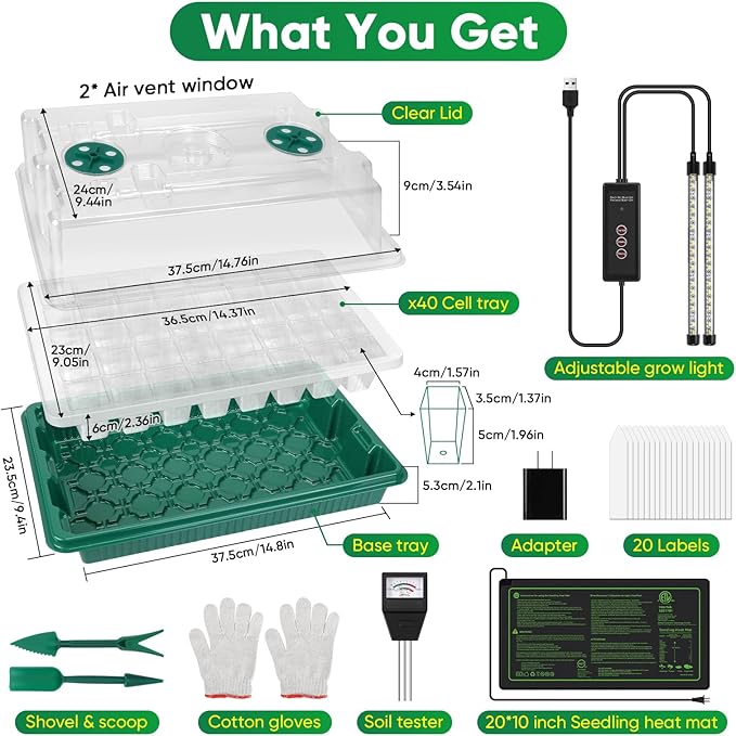 BlumWay 4-in-1 Seed Starter Tray with Grow Light &Heat Mat & Soil Meter Set,40-Cells Seedling Tray with Humidity Dome for Indoor Plant